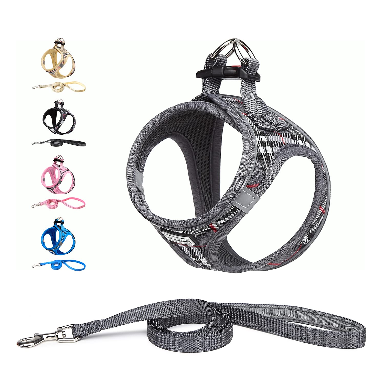 Suredoo Dog Harness and Lead Set, Step-in Breathable Reflective Puppy Cat Dog Vest Harnesses for Small Dogs (XXS, Grey Plaid, Chest: 22-24cm)