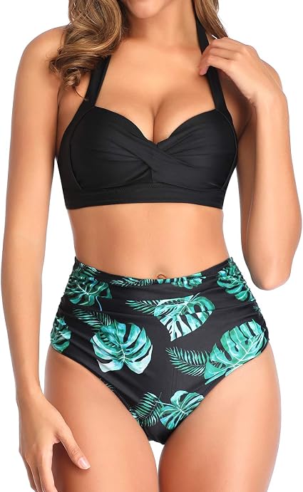 Tempt Me Women Vintage Swimsuit Two Piece Retro Halter Ruched High Waist Bikini