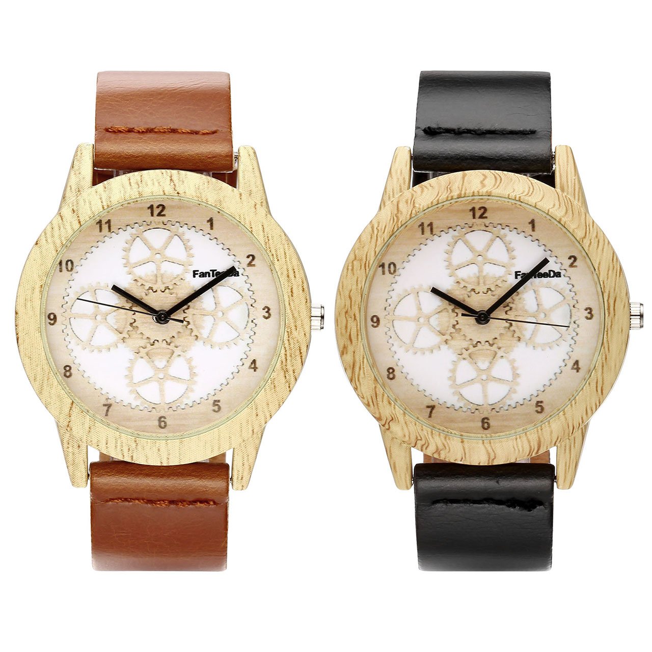 JSDDE Uhren,Vintage Holz-Muster Zahnrad Armbanduhr Damenuhr Kleid Uhr PU Lederarmband Analog Quarzuhr,Braun