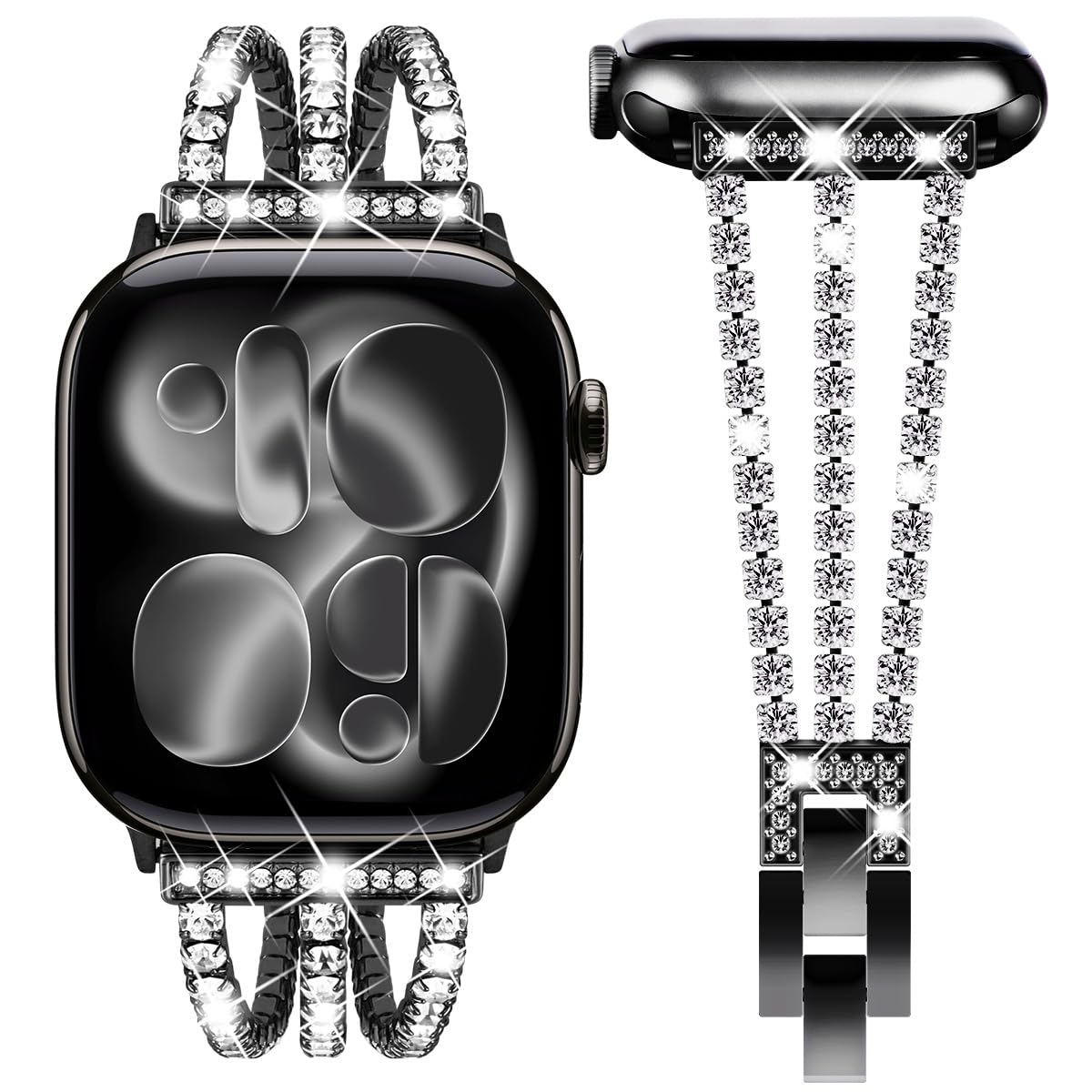 Fullife Compatible with Apple Watch Strap 46mm 45mm 44mm 42mm(Series 3 2 1),Women Sparkling Crystal Bling Bracelet Straps Replacement Band for iWatch SE Series 11/10/9/8/7/6/5/4/3/2/1,Bling Black