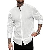GORGLITTER Men's Casual Long Sleeve Button Up Linen Shirts Summer Banded Collar Party Beach Dress Shirt