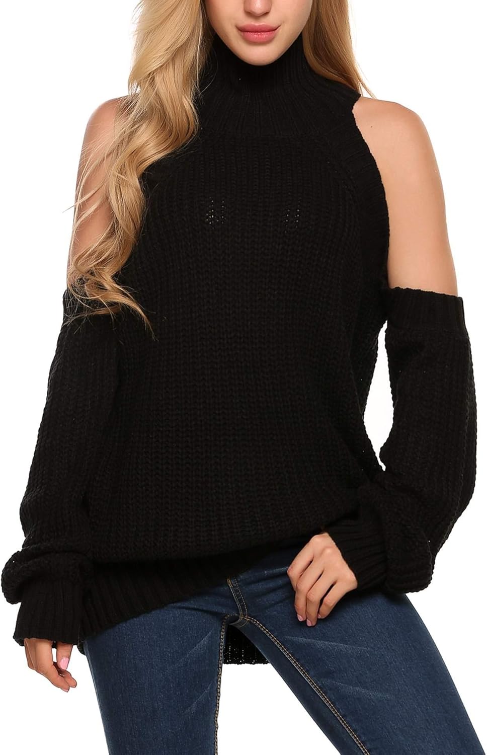 Oversized Sweater Women Xmas Sweater Cold Shoulder Ugly Christmas Turtleneck Pullovers Black at 
