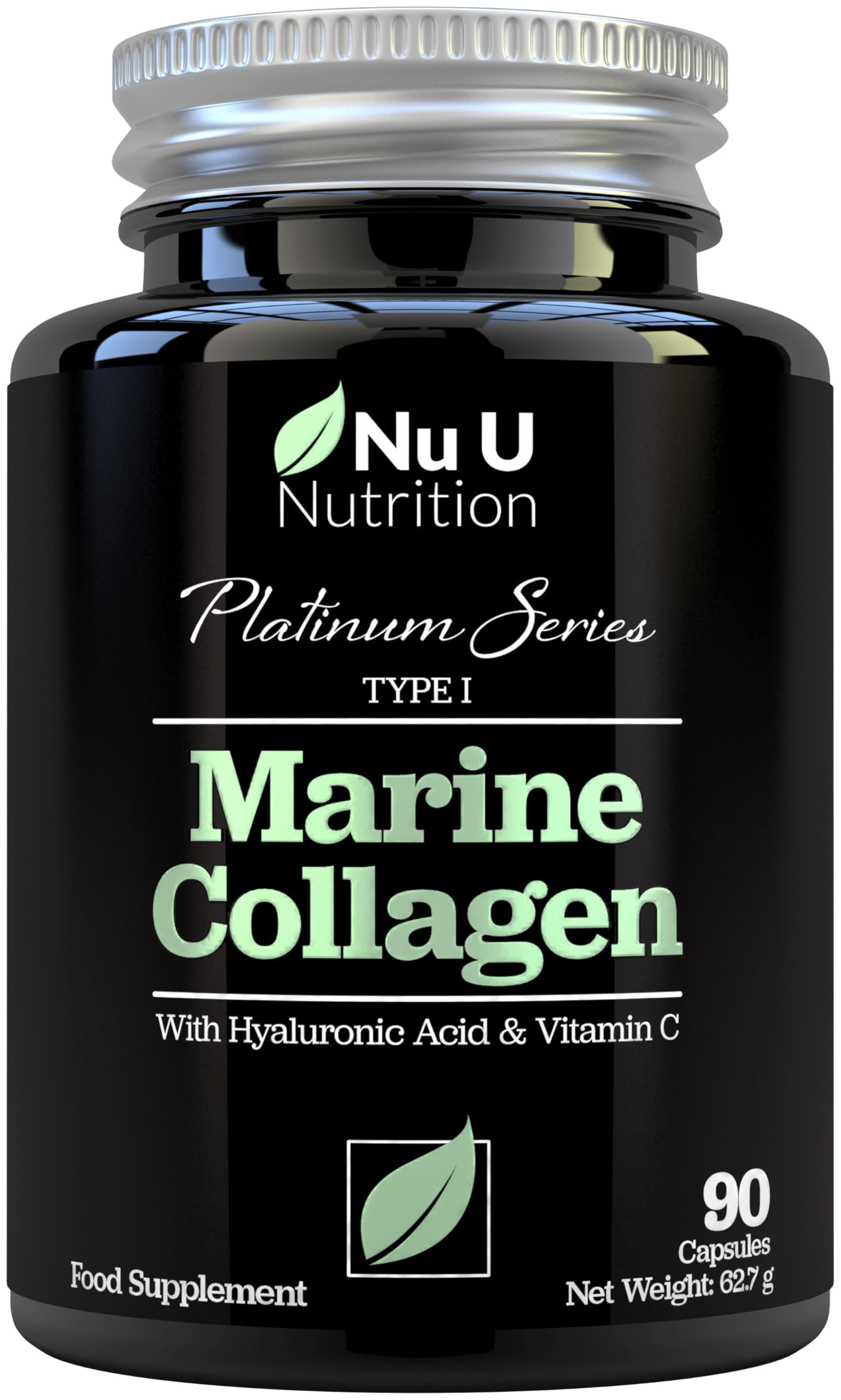 Marine Collagen with Hyaluronic Acid, Vitamin C - 90 Hydrolyzed Capsules (not Tablets) - Premium High Strength Collagen Supplements for Women & Men - Type 1 Marine Collagen - Nu U Nutrition