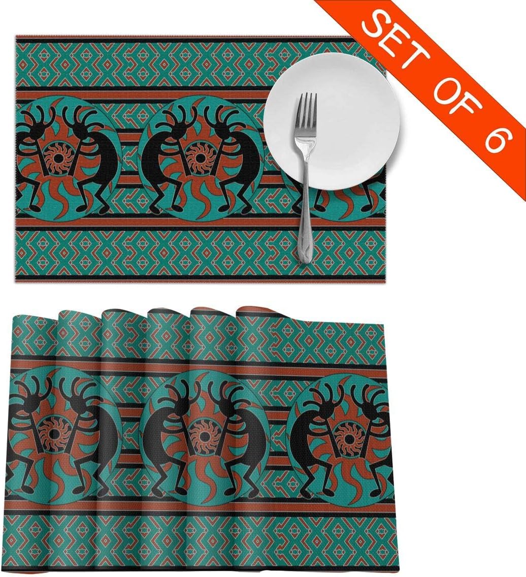 Amazon Com Teal Black And Brown Kokopelli Southwest Placemats For Dining Table Set Of 6 Placemat For Dinner Non Slip Heat Insulation Stain Resistant Washable Table Mats Set Of 6 Home Kitchen
