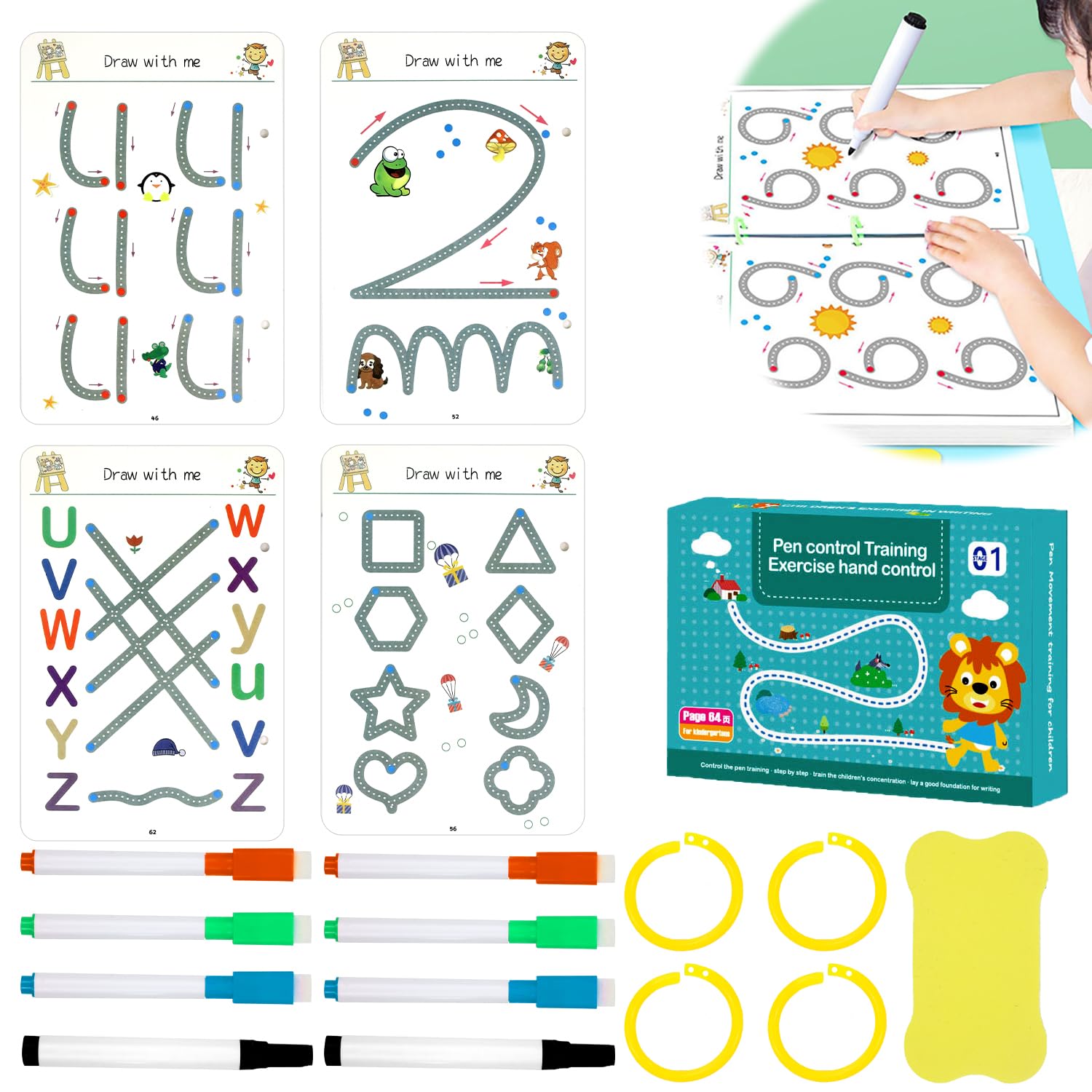 64 pages Scribble Smart Workbook, Reusable Preschool Workbook, Handwriting Book for Preschool Children, Reusable Preschool Exercise Books for Early Childhood Education for Children