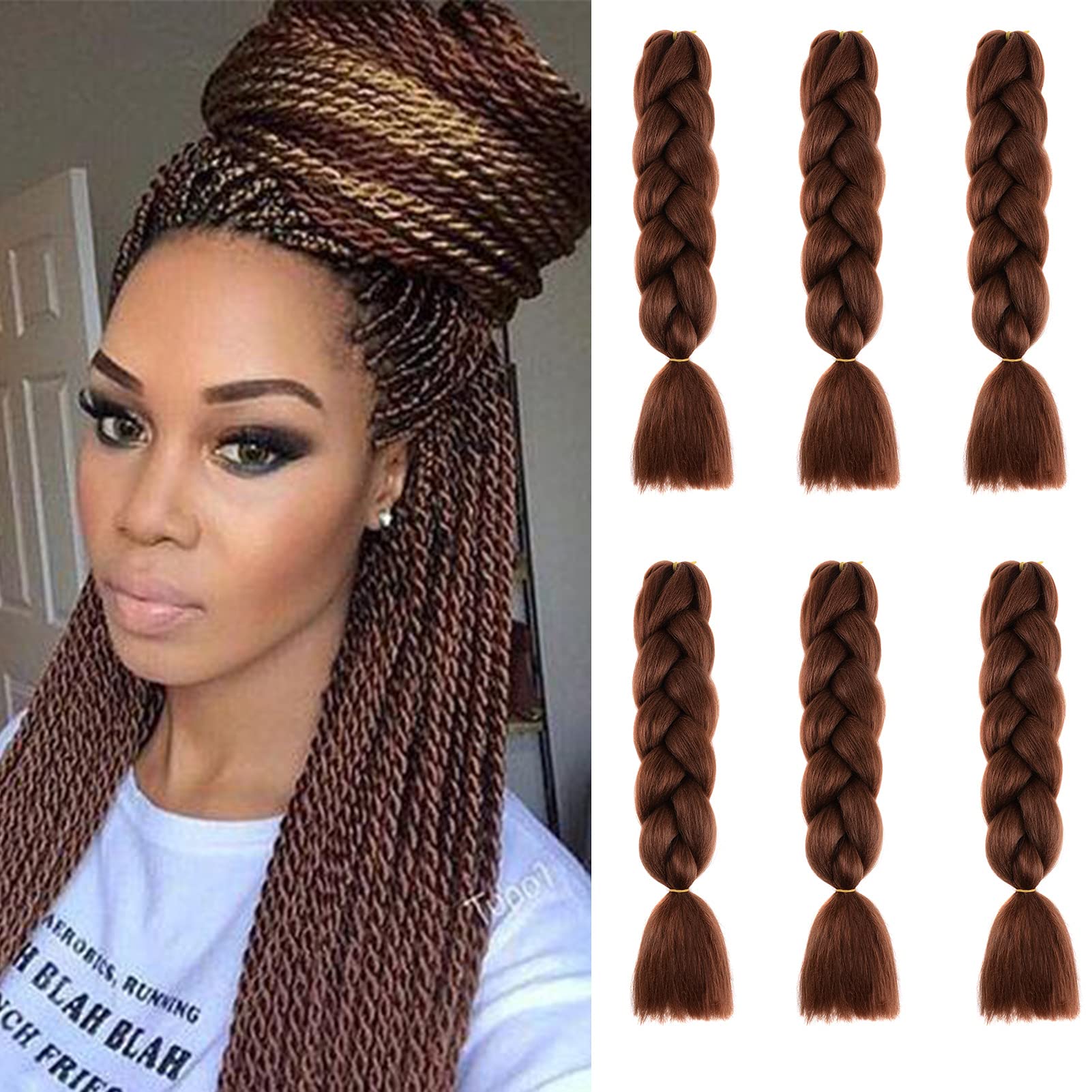 Cybelleza 6 Pcs /600g 24" Braiding Hair Extensions Jumbo Braids Synthetic Crochet Hair Afro Box Braid Heat Resistent (Dark Auburn) — image 1