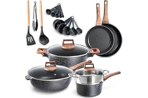 BAKKEN- SWISS Bakken-Swiss 14-Piece Kitchen Cookware Set – Granite Non-Stick – Eco-Friendly – for All Stoves & Oven-Safe - Marble coatin