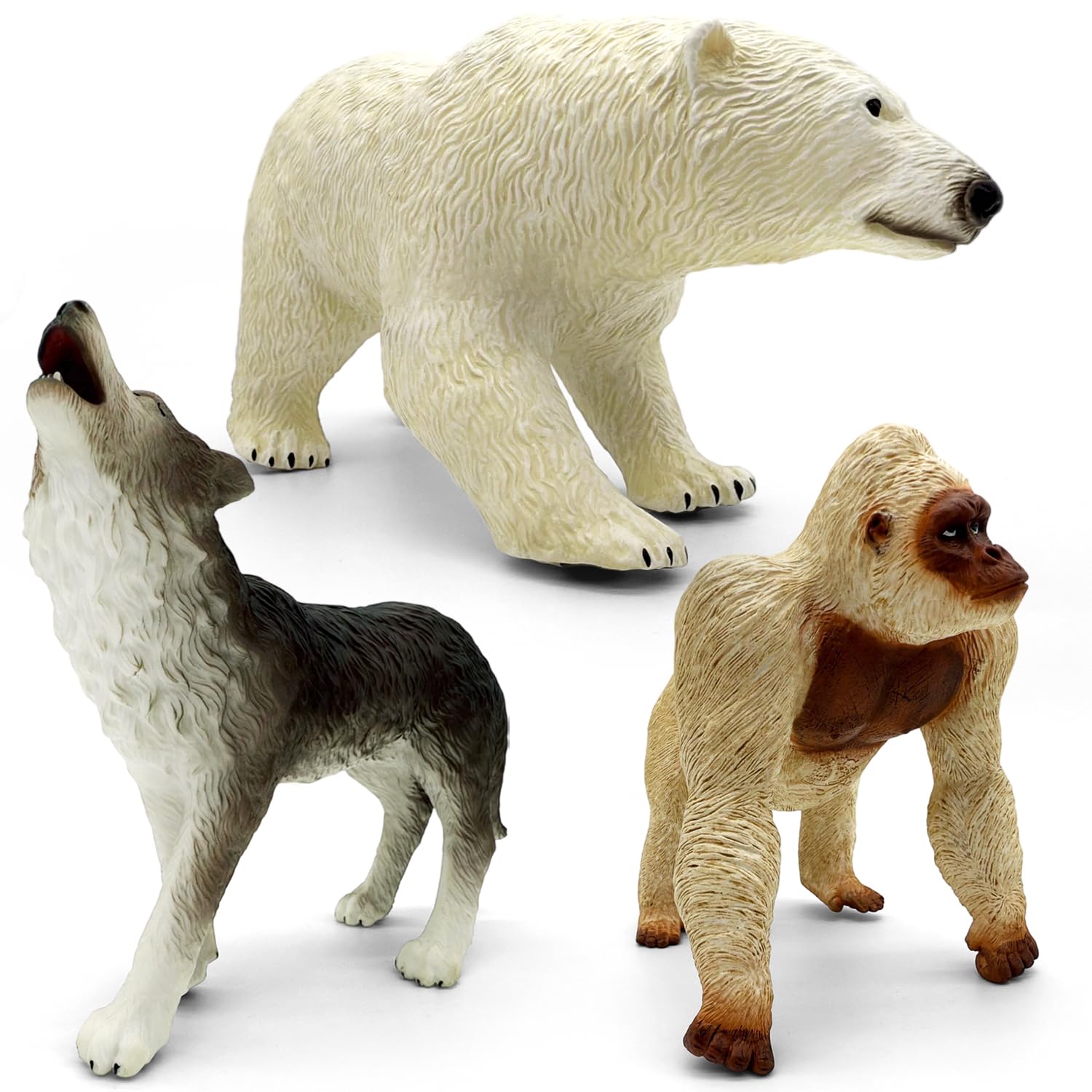 Jumbo Safari Animal Toys – Soft Zoo Playset for Kids, Realistic Wild Figurines, Educational Party Birthday for Kids Ages 3-12 (3PCS Gorilla Wolf Polar bear)