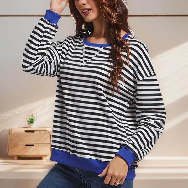 MARS GUARD WOMEN STRIPED SWEATSHIRTS COLOR BLOCK CREWNECK OVERSIZED LONG SLEEVE CLASSIC PULLOVER CASUAL LOOSE SHIRT Y2K TOP BLACK/WHITE