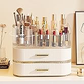 Makeup Organizer with Stackable Drawer, 360 Rotating Makeup Brush Holder, 11-inch Wide Large Cosmetic Display Case, Skincare Organizers and Storage for Vanity, Bathroom Countertop (1 Tray + 2 Drawer)