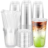 100PCS 20 oz Disposable Plastic Cups with Flat Lids and Clear Straws, Round Bottom To Go Iced Coffee Cups, BPA Free Holiday Cups for Smoothies, Cold Drinks, Coffee Shop, Juice Bars, Christmas Party