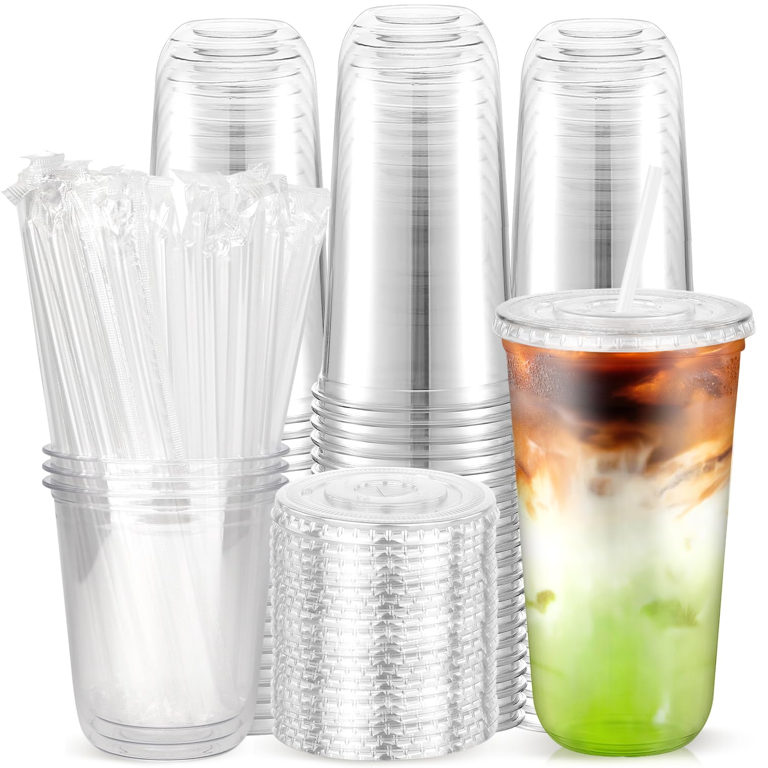 Photo 1 of 100PCS 20 oz Disposable Plastic Cups with Flat Lids and Clear Straws, Round Bottom To Go Iced Coffee Cups, BPA Free Holiday Cups for Smoothies, Cold Drinks, Coffee Shop, Juice Bars, Christmas Party