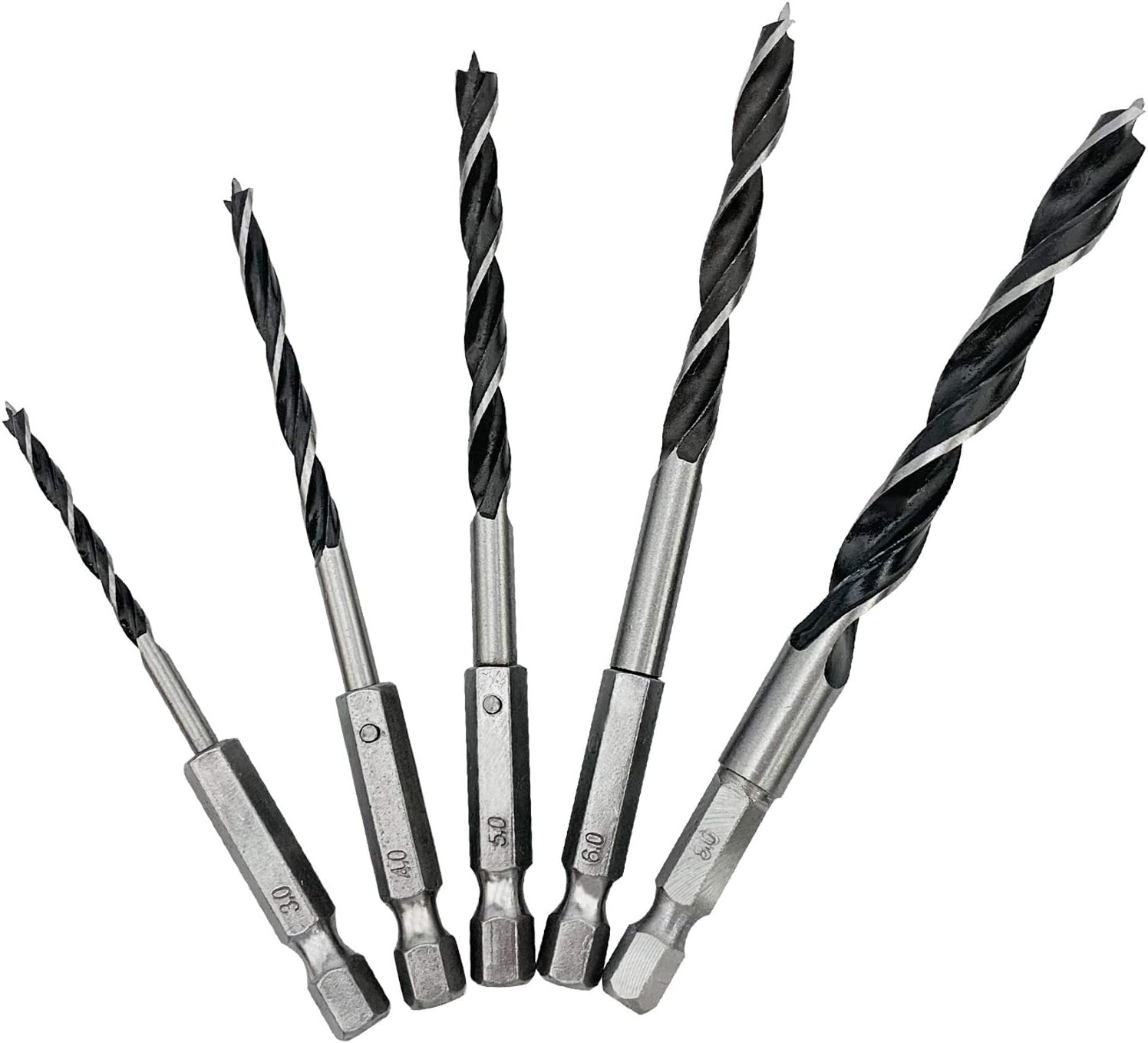 NORTOOLS Brad Point Wood Drill Bit Set including 1/4 inch Hex Shank 5 PCS HCS Wooden Drills for Woodworking DIY Lover Carpenter 3 4 5 6 8 mm
