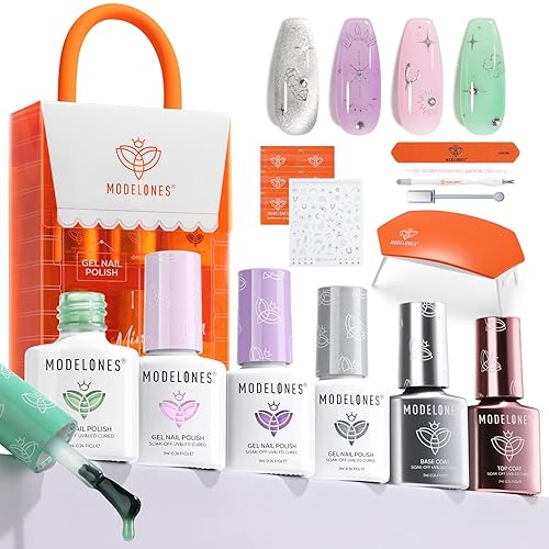 Modelones Gel Nail Kit with UV Lamp, 4 Colors Gel Nail Polish Kit Mini Salon, Base &Top Coat and Stickers, Clear Crystal Pink Green Purple Gel Polish Set DIY Home Nail Art Manicure Set for Women