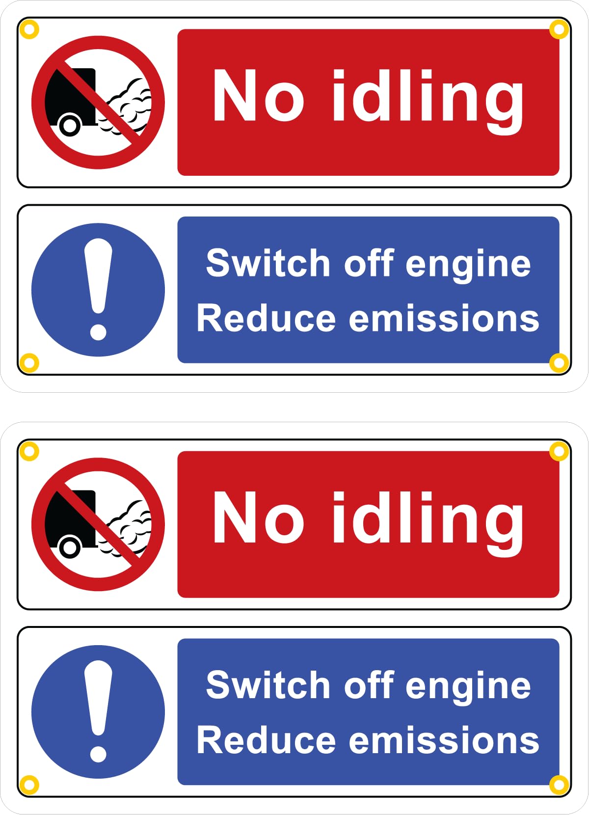No idling, Switch off engine, Reduce emissions - Pack of 2no. 300mm x 200mm plastic signs with rounded corners & eyelets