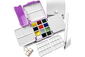 Travel Watercolor Set, KOVIEDE Pocket Watercolor Mini Paint Kit with 12 Colors, 3 Foldable Palettes, Water Brush, Brush-Washing Sink, Leather Case & Metal Clip, Ideal Art Gift for Art Lovers Beginners