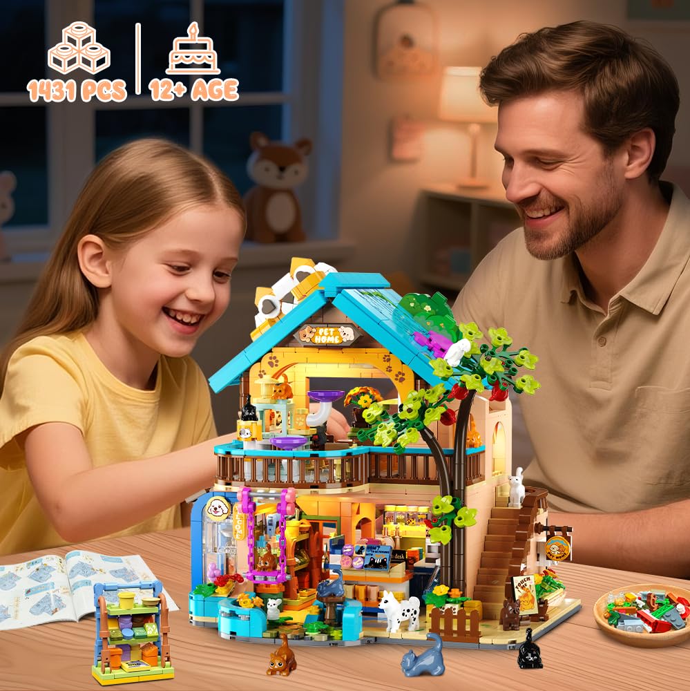 INSOON City Haustierladen Bauspielzeug mit Lichtern, Haustierhaus Klemmbausteine Spielzeug mit Katzen Hunden Kaninchen, 1431 Stück Tierladen Modell für Erwachsene Kinder Jungen Mädchen ab 10-12+ 5