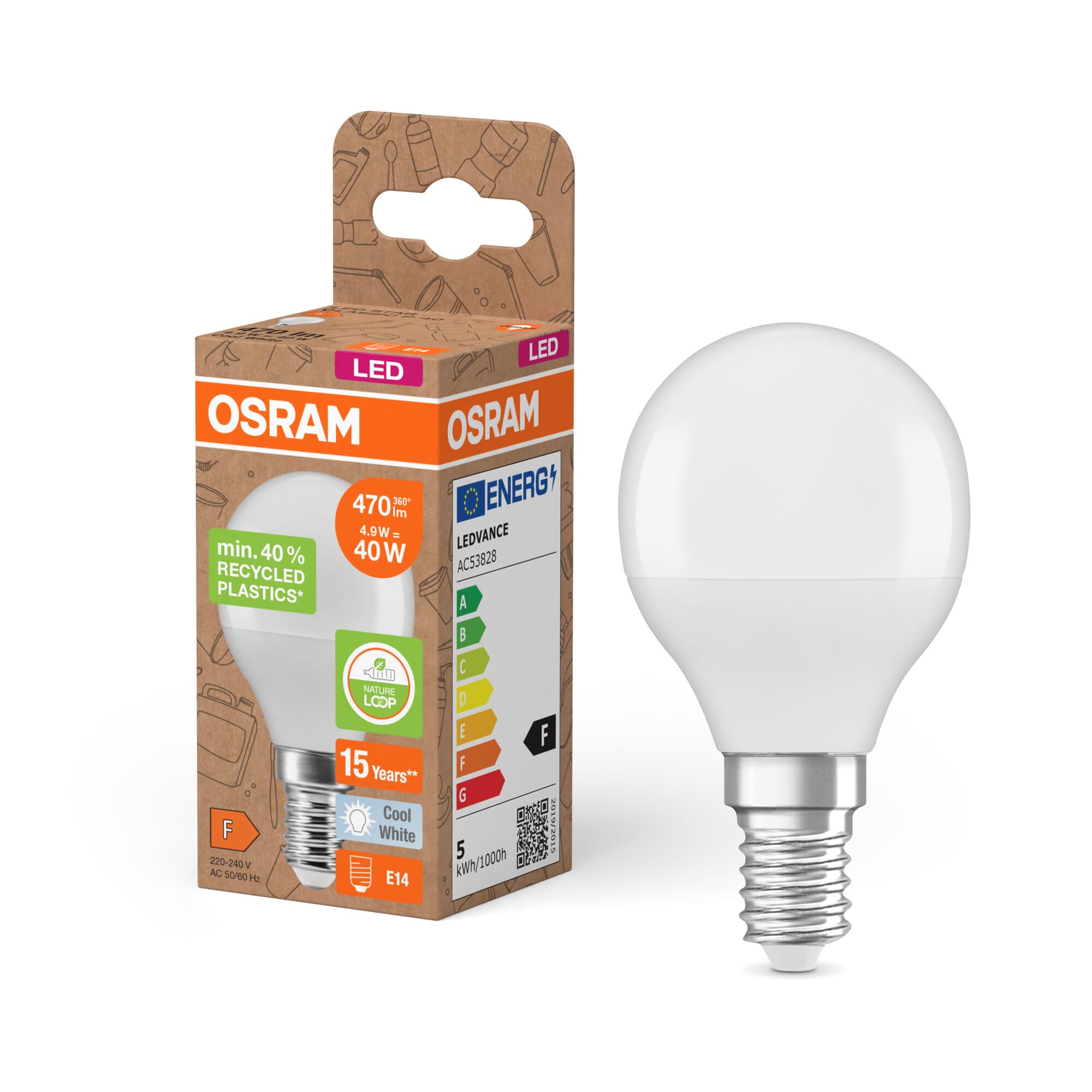 OSRAM LED STAR CLASSIC P 40 FR LED lamp, E14, classic mini ball shape, white, 4.9W, 470lm, 4000K, cold white light, very low energy consumption, with recycled plastic
