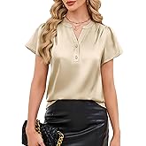 Funlingo Women's Silk Satin Tops Dressy Casual Ruffle Short Sleeve Blouses Summer V Neck Pleated Button Down Shirts