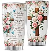 JENOIS Christian Bible Verse Gift for Women, Floral Cross Design Insulated 20oz Stainless Steel Tumbler, Faith Based Religious Cup for Mom Sister Friend, Inspirational Drinkware for Travel