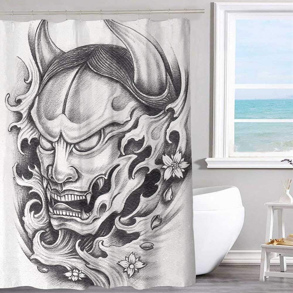 MKOK Vintage Shower Curtain 36"x72"inchKabuki Mask,Hand Drawn Style Malevolent Face Vicious Evil Monster with Blossoms Image,White Black Clear Metal Thick Bathroom Shower Curtains