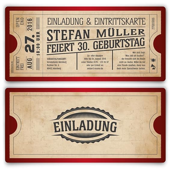Einladungskarten zum Geburtstag (40 Stück) als Eintrittskarte im Vintage Ticket Look in Rot