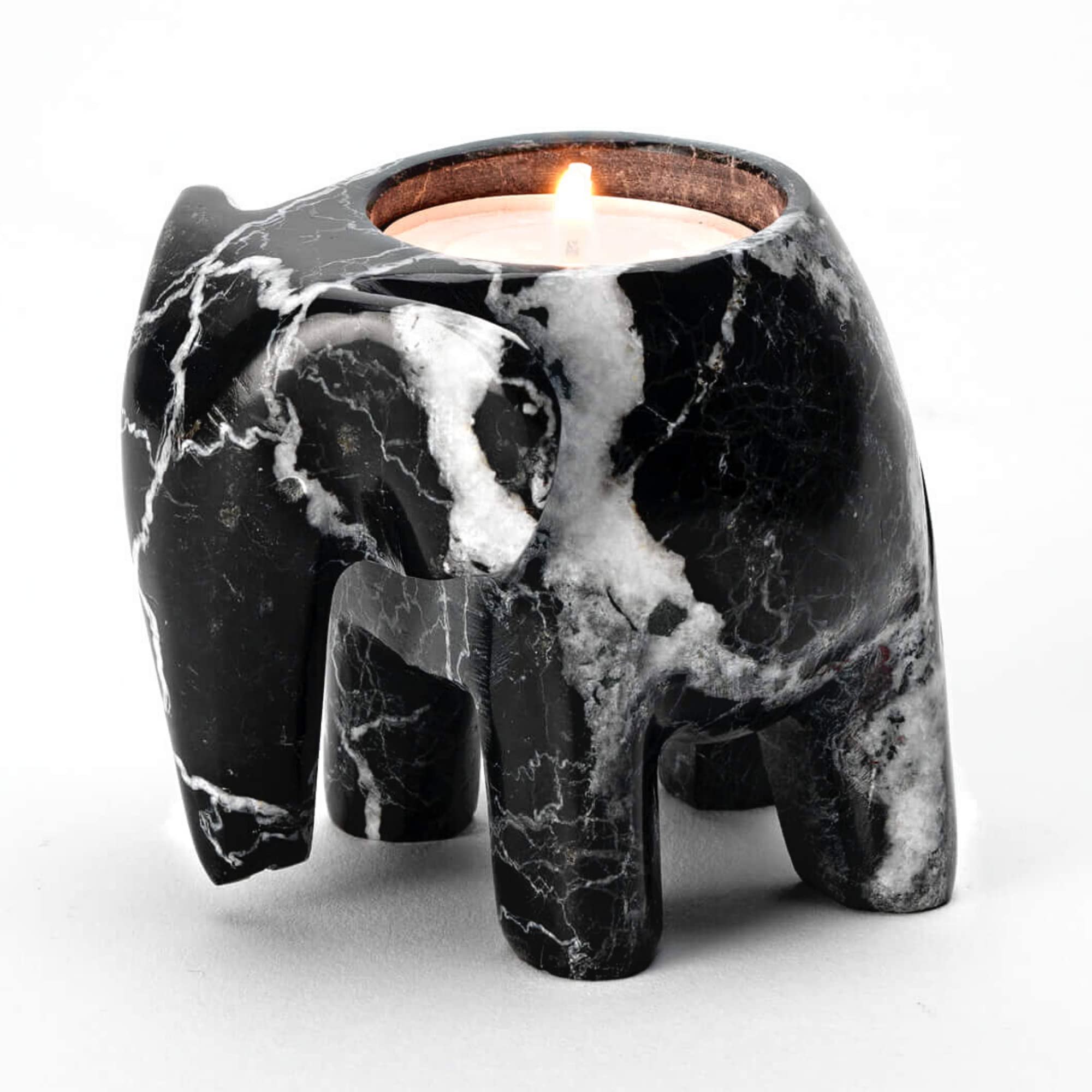Himalayan Marble Elephant Tea light Holder - Black