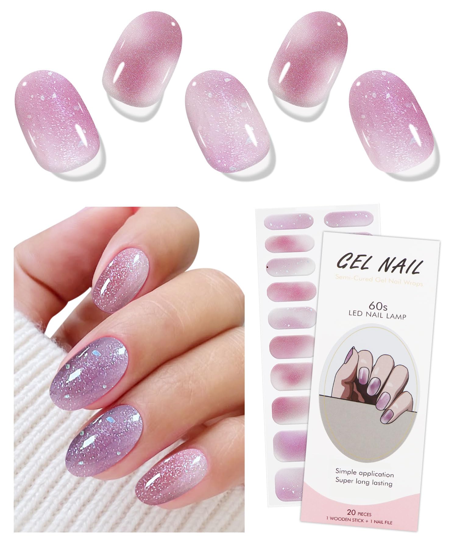JMEOWIO Gel Nail Stickers Glitter Pink Purple Semi Cured Gel Nail Strips Wraps UV/LED Nails Art Design Decoration Accessories