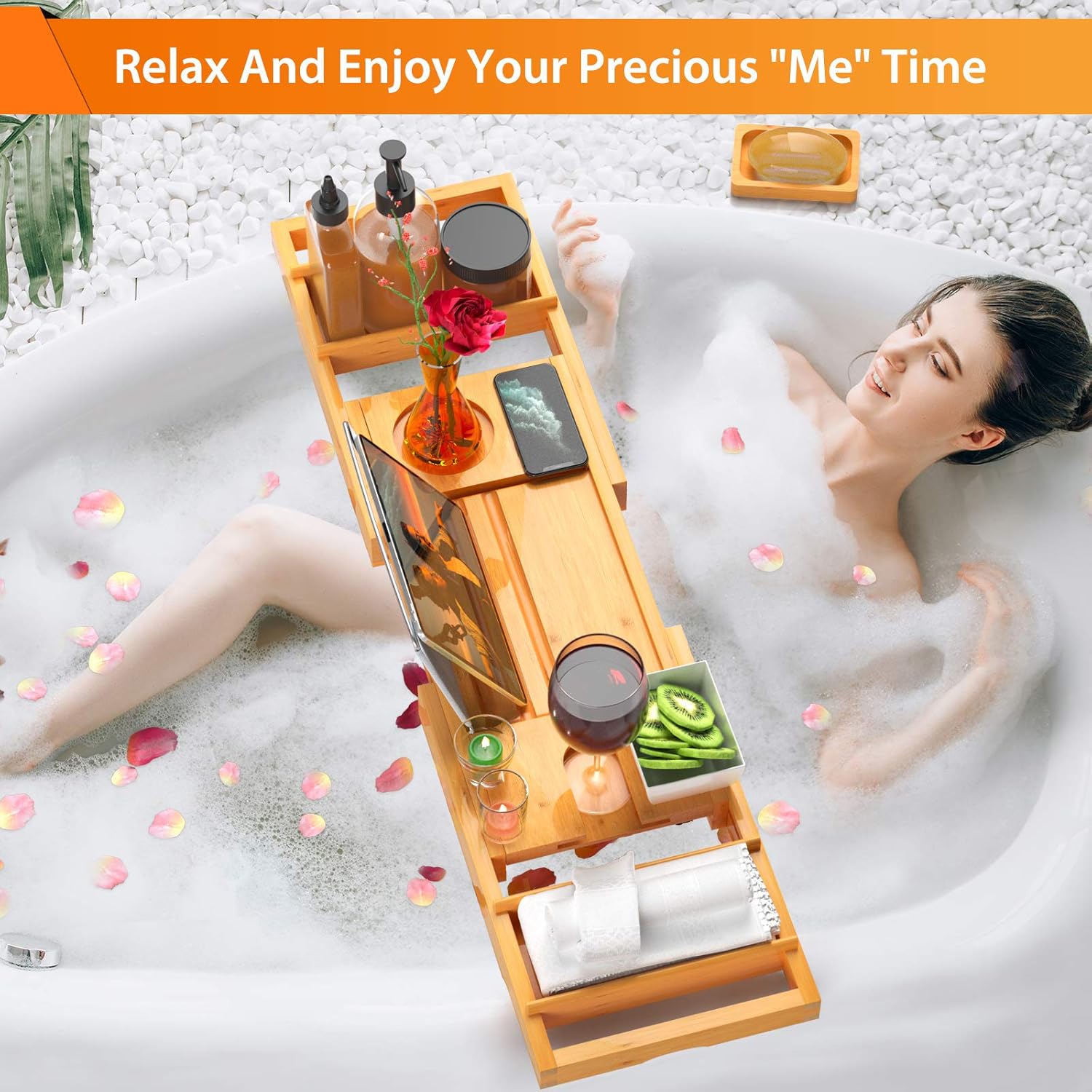 Bamboo Expandable Bathtub Caddy Tray for Bath Tub Wooden Adjustable for Luxury and Relaxing with Wine Glass Holder, Reading Slot by FURNINXS: Kitchen & Dining