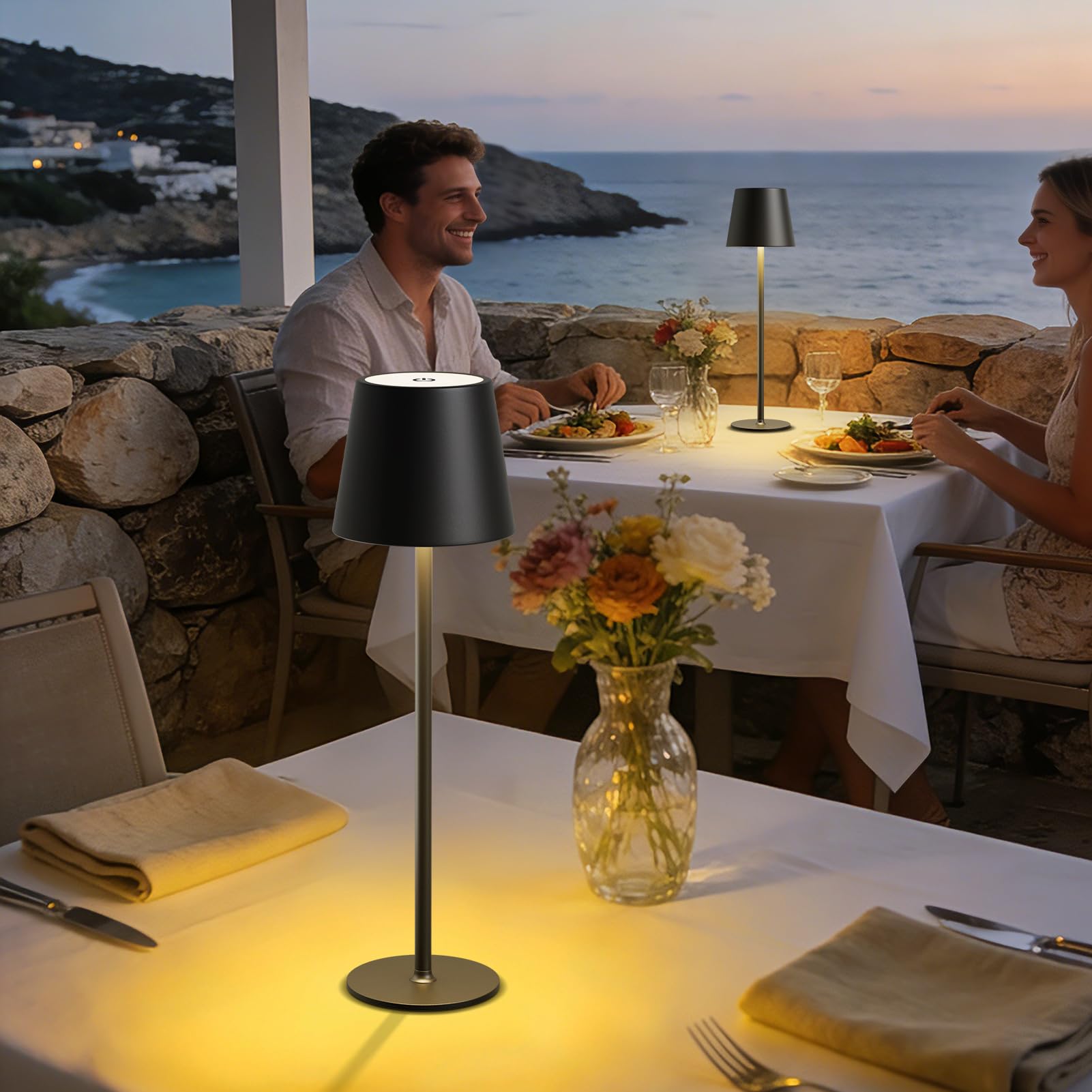 MALUX LED Tischlampe Kabellos 2 Stück Touch Dimmbare 2700K-4000K Metall IP44 Wasserdicht, USB-C Aufladung, 8-15h Akkulaufzeit Tischleuchte für Garten Esstisch Schlafzimmer Balkon Hotel (Schwarz) 7