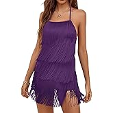 LYANER Women's Sexy Fringe Halter Waist Tie Back Sleeveless Romper Jumpsuit Playsuits