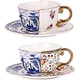KAMMAK Tea Cups and Saucers Set of 2, Fine Bone China Coffee Cups, 8.5-Ounce Stackable Espresso Mugs, Ceramic Demitasse for Coffee, Cappuccino, Latte, Americano, Tea, Doozy + Rose