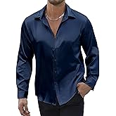 Vssjavun Mens Silk Satin Shirts Long Sleeve Button Down Loose Fit Dress Shirt Luxury Party Prom Wedding Shirts