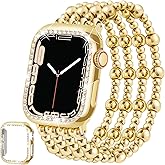 Stainless Steel Beaded Bracelet & Case for Apple Watch Band 40mm 38mm 41mm 42mm 44mm 45mm Women, Handmade Dressy Cute iPhone Watch Bands Stretchy Fashion Straps for iWatch Series 9 8 7 6 5 4 3 2 1 SE
