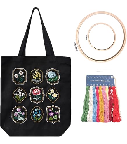 Amazon.com: Black Canvas Tote Bag Embroidery Kit,Flowers Art