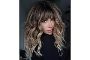 KOME Brown Wig with Bangs,Brown Highlight Wavy Wigs for Women,Shoulder Length Curly Synthetic Hair Wig for Party Daily Use 18IN