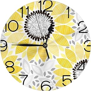 Vintage Sunflower Round Farmhouse Wall Clock Decorative White Yellow Floral Rustic Wall Clocks Battery Operated Outdoor / Bathroom Wall Clock for Living Room Decor Cute Silent Wall Clock 9.84 Inch