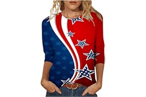 KICILVS 4th of July Tops for Women American Flag Print 3/4 Sleeve Shirts Crew Neck Basic Tee Fourth of July Outfit Women