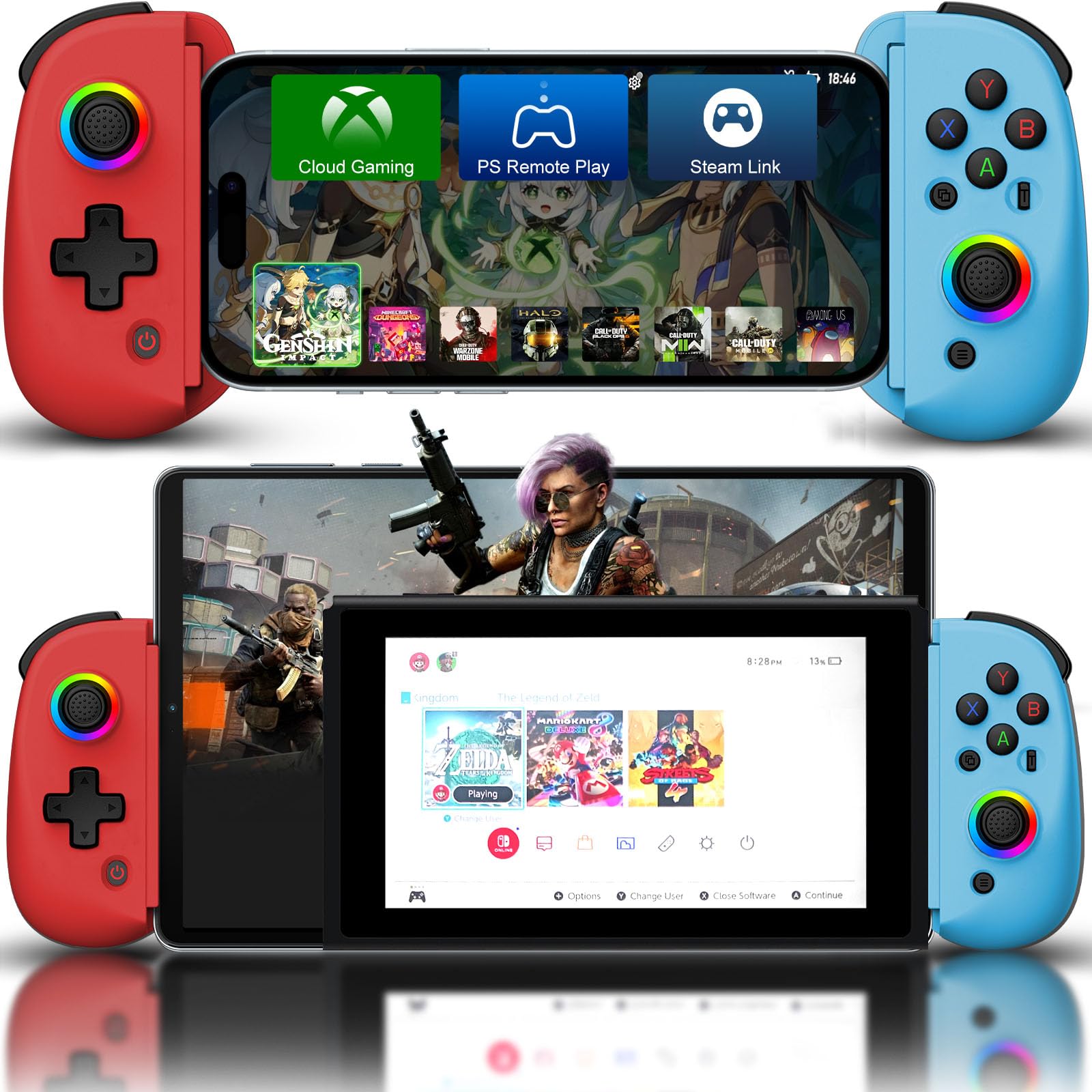 Photo 1 of Joso Mobile Gaming Controller for iPhone/iPad/Tablet, Android Wireless Controller with Hall Effects Joysticks, Support PC/Switch, Play Cloud Games/PS Remote Play/COD/Genshin Impact & More - Blue+Red