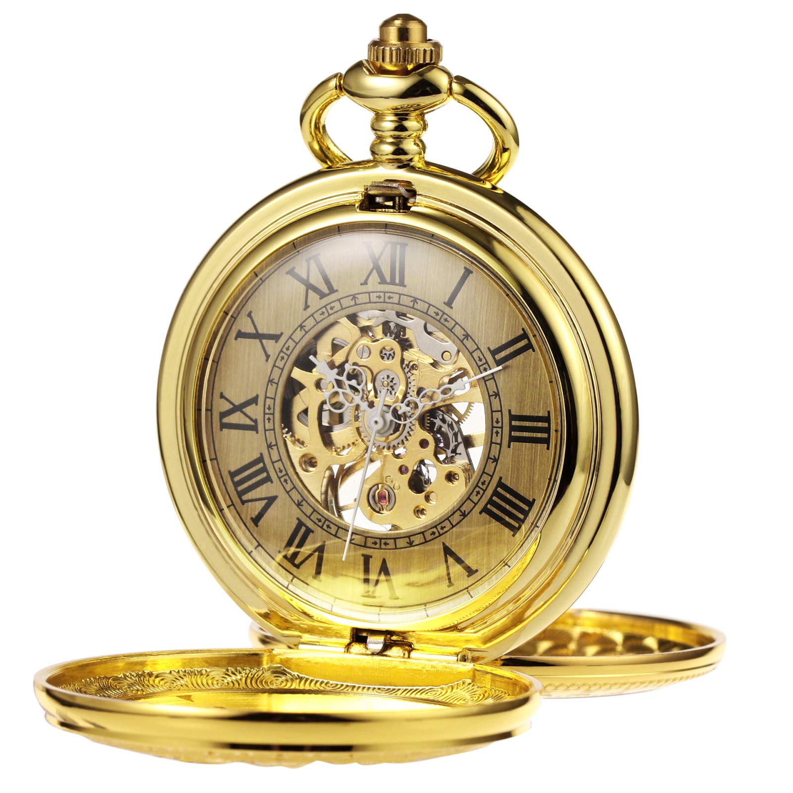 TREEWETO Unisex Pocket Watch Mechanical Double Cover Full Metal Alchemist Skeleton Steampunk for Men Women with Chain - Gold