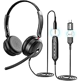 USB-C/USB-A/3.5mm Wired Headset with Noise Cancelling Microphone | On-Ear Office Headphones for PC/Laptop | Line control & Al