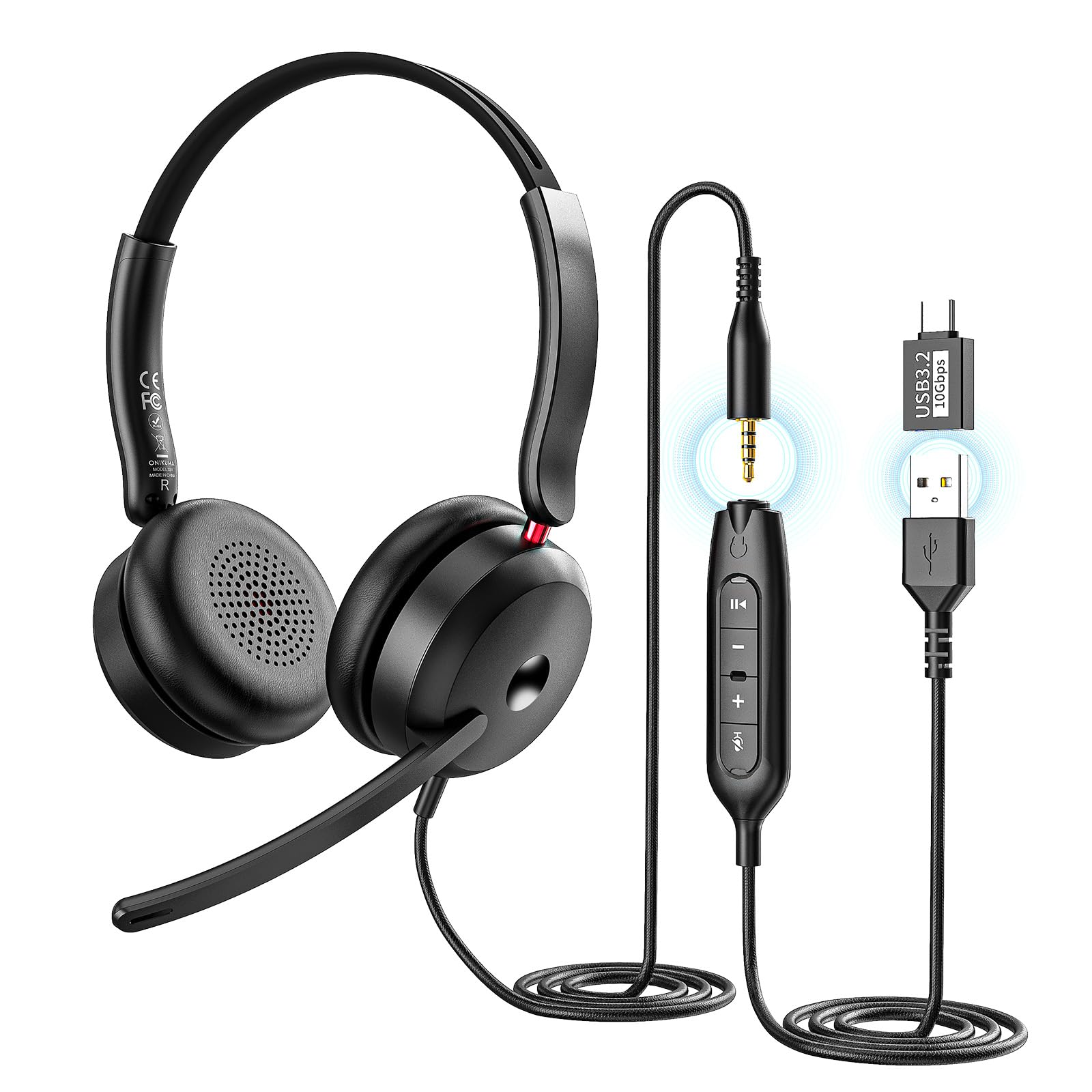 Photo 1 of USB-C/USB-A/3.5mm Wired Headset with Noise Cancelling Microphone | On-Ear Office Headphones for PC/Laptop | Line control & All-Day Comfort for Call Center, Video Conferencing, Remote Work,Online Class