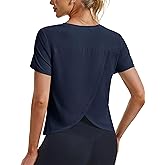 MAGCOMSEN Women's Workout Tops Short Sleeve Athletic Shirts Crop Split Back Tops Gym Running Quick Dry Loose Fit
