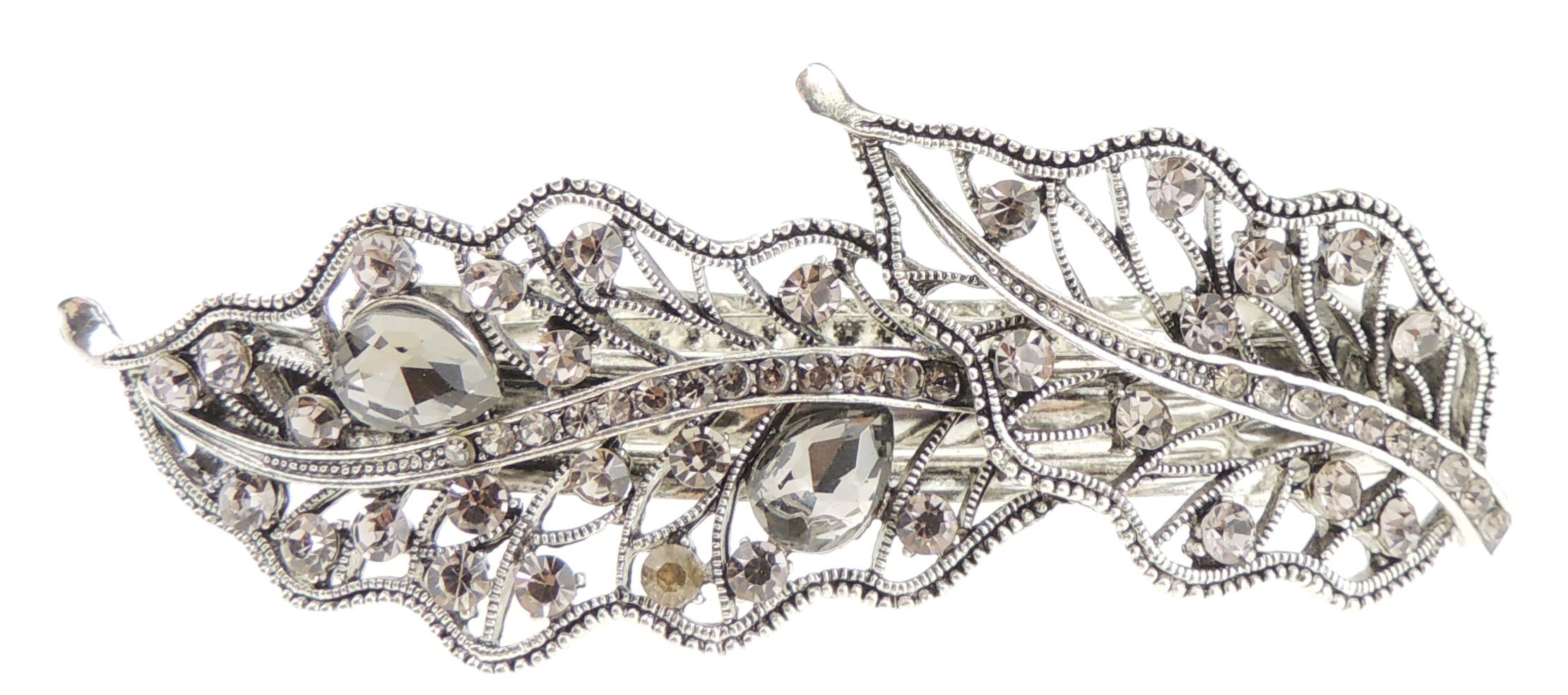 Ladies Vintage Look Womens Girls Crystal Rhinestone Diamante Wedding Bridal Evening Ponytail Fine Hair Accessories Occasion Barrette Hairpin Grip French Metal Spring Clip Leaf Stencil Leaves Grey
