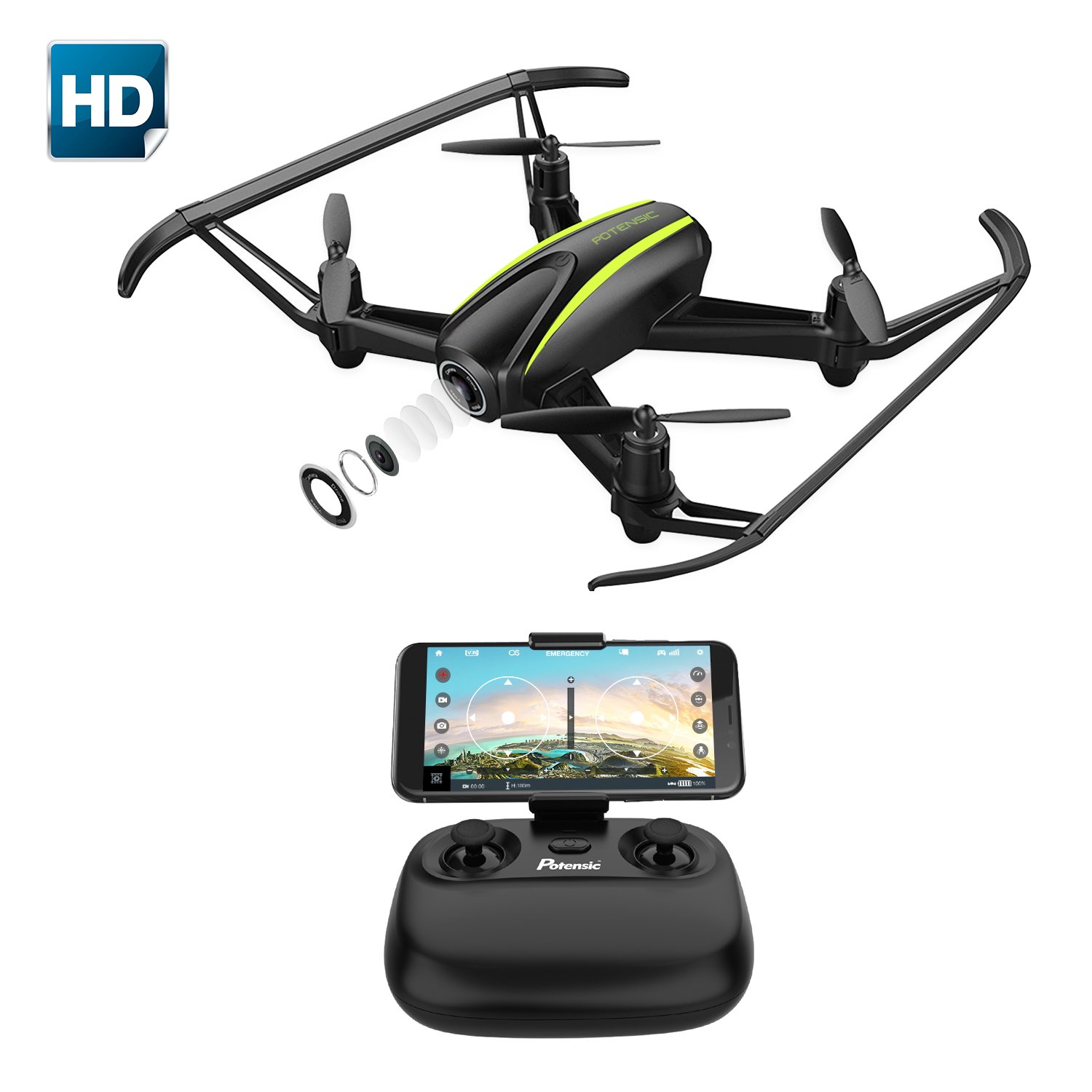 Potensic Drone avec caméra HD, U36W RC Avion 720P caméra, Mode sans Tête, Mode de Restez-Altitude, Fantastiqu Super Grand Angle à 120 degrés Cadeau de la fête(U36)