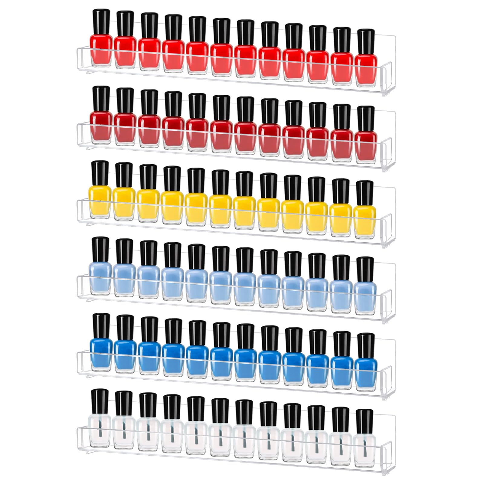 Dezzer 6 Pack Acrylic Nail Polish Rack for Wall Mounted, Transparent Nail Varnish Stand Display Holds 90 Bottles, Paint Rack Organiser Storage Shelves for Cosmetics Essential Oils Perfume, 38 cm