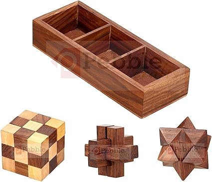 Wood Art Store Kids Wooden 3D Puzzles Game 3-In-1 Soma Cube/Interlock Block/Snake Cube/Brain Teaser (Brown)