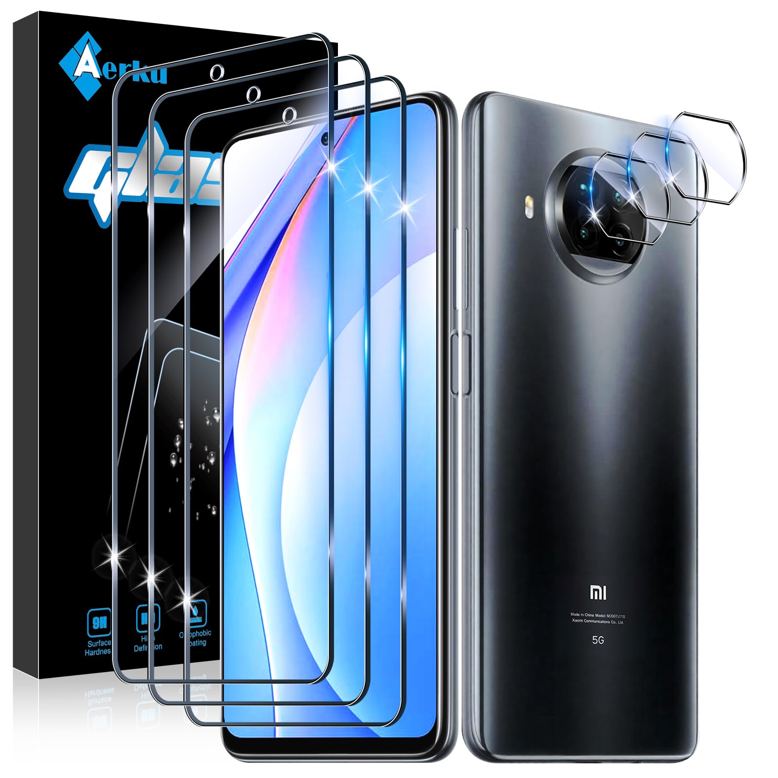 Aerku Screen Protector for Xiaomi Mi 10T Lite 5G [2 Pack] + Camera Protector [2 Pack] HD 2.5D Tempered Glass Screen Protector [Anti-Scratch/Bubble/Fingerprint] [Transparente]