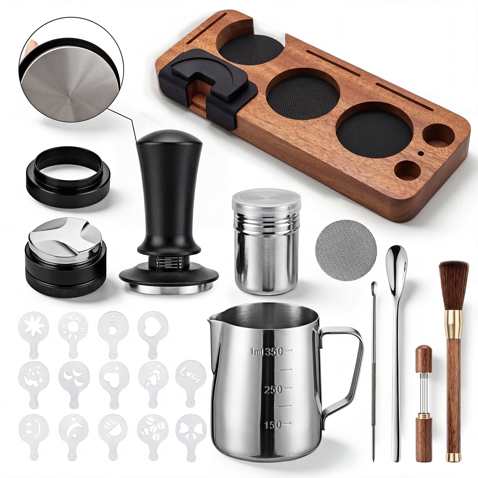 Photo 1 of 28-Piece 51mm Espresso Accessories Kit, Espresso Machine Tools with Wood Tamping Station, Tamper, Distributor, WDT Tool, Dosing Funnel, Milk Frothing Pitcher & Latte Art Set