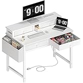 Lufeiya Small White Kids Desk with Fabric Drawers for Bedroom, 32 inch Vanity Makeup Desk with Drawers Storage for Home Office, Writing Study Table with Power Outlet & Monitor Stand, White